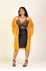 Raggs to Riches mustard colored fringed cardigan