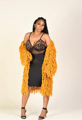 Raggs to Riches mustard colored fringed cardigan