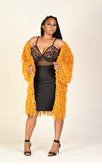 Raggs to Riches mustard colored fringed cardigan